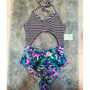 One piece floral/striped bathing suit
